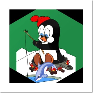 Penguin Cartoon Ice Fishing Pop Art Abstract Print Posters and Art